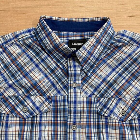 Marmot Button Up Western Mens Shirt Size XL‎ Blue Plaid Short Sleeve Pockets - Picture 1 of 10